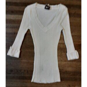 Womens Y2K Ribbed Knit Deep V Pullover Size Medium Sweater Top Cream